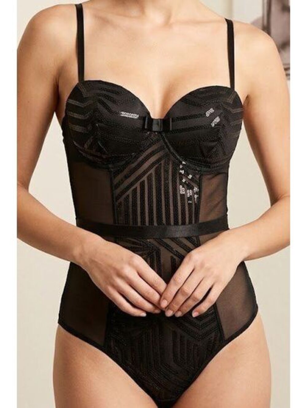 Black Fuchsia by Secret Lace Black Corset Bodysuit Teddy Lingerie M Sheer Mesh